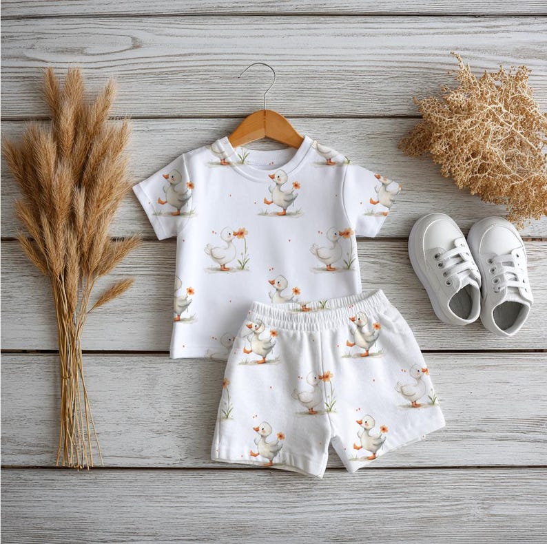 Duck Seamless Pattern, Watercolour Goose with Flower Fabric Design mockup preview