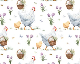 Chicken and Chick Seamless Pattern, Spring Chicken Farm Fabric Design, Watercolor Hen and Flowers Farmyard Background Digital Download