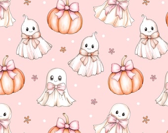 Cute Ghost Pink Bow Seamless Pattern, Coquette Ghost Pumpkin Digital Paper, Watercolour Halloween Fabric Print Digital Download