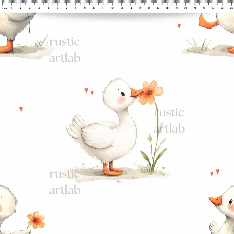 Duck Seamless Pattern, Watercolour Goose with Flower Fabric Design preview