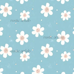 Daisies Seamless Pattern | Cute Hand-Drawn Floral Fabric Design | Blue and White Flower Digital Paper | Boho Spring Textile Design