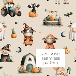 Exclusive Halloween Fabric Design, Cute Farm Halloween Seamless Pattern, Adorable Cow Sheep Horse Fabric Design