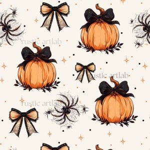Cute Pumpkin, Bow, Spider Seamless Pattern, Coquette Halloween Pattern