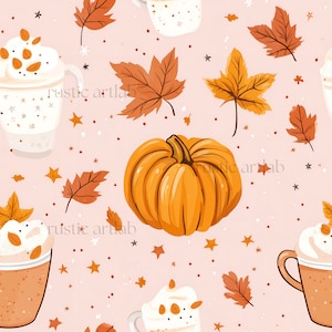 Pumpkin Spice Seamless Pattern, Fall Digital Paper, Watercolour Autumn Fabric Design, Cozy fall background