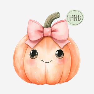 May include: A watercolor illustration of a cute pumpkin with a smiling face, large eyes, and a pink bow. The pumpkin is a light orange color with a green stem. The image has a PNG label in the upper right corner.