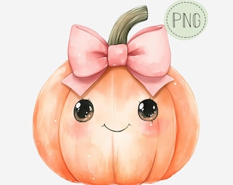 Adorable Pumpkin PNG, Pink Bow Pumpkin Illustration, Cute Pumpkin Clipart, Pumpkin Sublimation Design