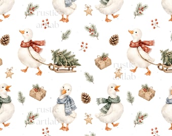 Winter Goose Seamless Pattern, Christmas Goose Digital Paper, Watercolour Duck wearing Scarf, Christmas digital download