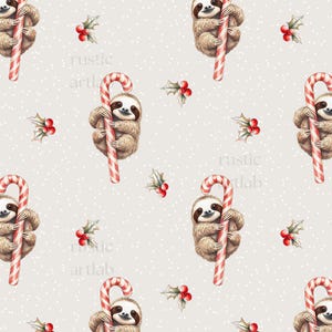 May include: A repeating pattern featuring cartoon sloths clinging to candy canes. The sloths are light brown with dark eyes and are holding red and white striped candy canes. Holly sprigs with red berries and white dots are scattered across a light gray background.