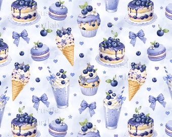 Blueberry Seamless Pattern, Blueberry Cake Muffin Cupcake Bow Fabric Design, Pink Cake Background, commercial use