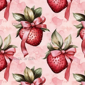 Strawberries Valentine&#39;s Day Seamless Pattern – Coquette Bow and Strawberry Digital Paper
