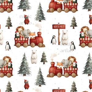 May include: A repeating pattern featuring a red train carrying various animals, including a lion, elephant, fox, and penguin. The train is decorated with white stars and is set against a white background with Christmas trees and a North Pole sign.
