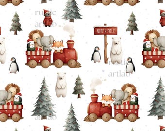 Christmas Train Seamless Pattern, Adorable Christmas Animals Fabric Designs, Winter Forest Background Digital Download