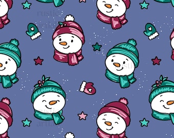 Snowman Seamless Pattern, Hand drawn Snowmen Mittens Fabric Design Digital Download
