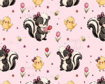 Skunk Seamless Pattern - Cute Skunk Fabric Design - Spring Girly Fabric Print - Pink Background Digital Download