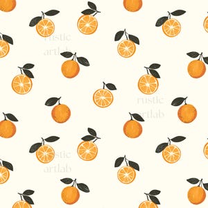 May include: A repeating pattern of oranges and orange slices with dark green leaves on a cream background. The text "rustic artlab" is visible in the image.