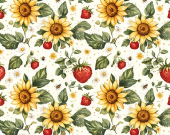 Naadloos patroon zonnebloem en aardbeien, zomerstofontwerp, herhaling bloemenpatroon digitale download