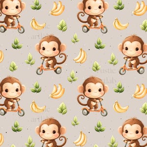 Könnte beinhalten: Ein sich wiederholendes Muster mit Cartoon-Affen, die auf orangefarbenen Rollern fahren, Bananen und grünen Blättern auf hellgrauem Hintergrund. Die Affen haben braunes Fell und lächeln. Die Bananen sind gelb und die Blätter sind grün.
