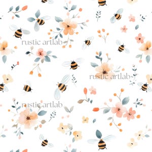 May include: A seamless pattern featuring watercolor illustrations of bees and flowers. The bees are yellow and black, and the flowers are pink, orange, and yellow. The background is white.