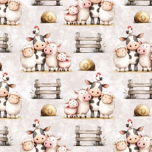 Puede incluir: Patrón repetitivo con animales de granja, incluyendo ovejas, vacas y cerdos, con un gallo posado sobre la cabeza de una vaca. El diseño también incluye balas de heno y vallas de madera, todo sobre un fondo gris claro.