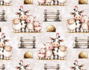 Happy Farm Seamless Pattern, Farm Animals Nursery Fabric Design, Cow Sheep Pig Print Digital Download