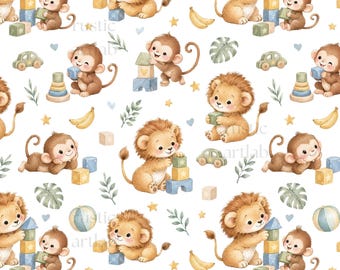 Lion Monkey Seamless Pattern - Safari Animals Playing with Building Blocks Fabric Design - Jungle Repeat Tile Digital Download