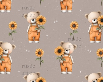 Watercolour Bear and Sunflower Seamless Pattern, Cute Baby Fabric Design, Bear Repeat Pattern, Nursery Fabric Print, Commercial use