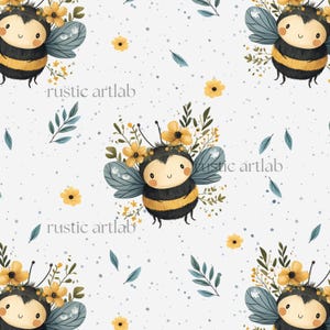 Pode incluir: Um padrão sem costura com abelhas de desenho animado fofas com listras amarelas e pretas, usando coroas de flores. As abelhas são cercadas por pequenas flores amarelas e folhas azuis em um fundo branco com uma textura sutilmente pontilhada. O texto "rustic artlab" aparece duas vezes no padrão.