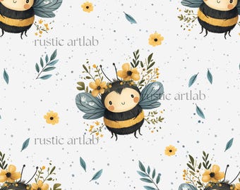 Floral Bees Seamless Pattern - Cute Nursery Fabric Design - Bees and Flowers Background Digital Download