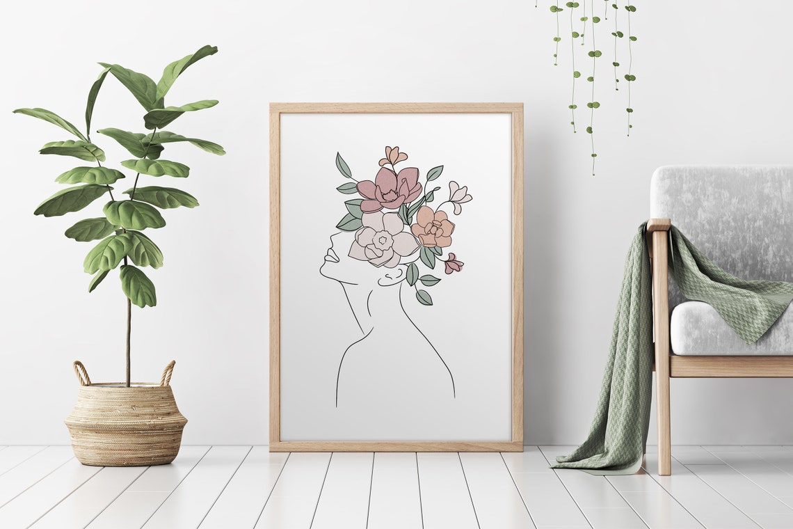 Head of Flowers Art Print Woman With Flower Head Modern Wall Etsy