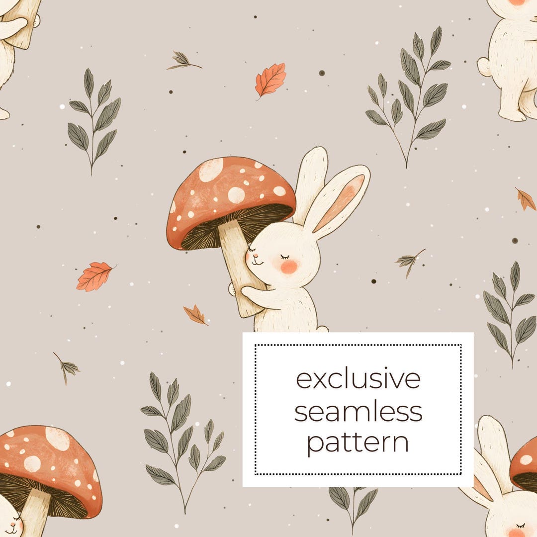 Common Fluffy Rabbit Patterns Bunny Exclusive Seamless Pattern, Cute Rabbit With Mushroom Fabric ...