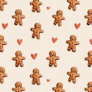 Könnte beinhalten: Ein sich wiederholendes Muster aus Lebkuchenmännern und kleinen roten Herzen auf cremefarbenem Hintergrund. Die Lebkuchenmänner sind braun mit weißen Zuckergussdetails und lächelnden Gesichtern. Die Herzen sind einfarbig rot.