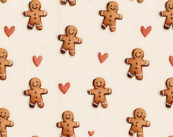 May include: A repeating pattern of gingerbread men and small red hearts on a cream background. The gingerbread men are brown with white icing details and smiling faces. The hearts are a solid red color.
