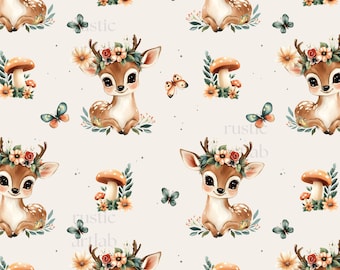 Watercolour Woodland Seamless Pattern,Floral Deer Fabric Design, digital download