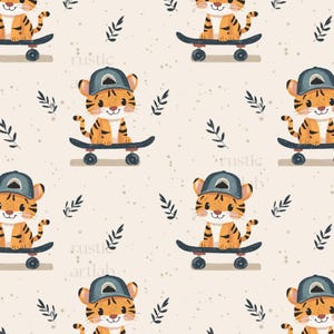 May include: A repeating pattern featuring cartoon tiger cubs wearing blue caps and riding skateboards. The tigers are orange and black, set against a cream background with small leaf accents. The design is playful and suitable for children's products.