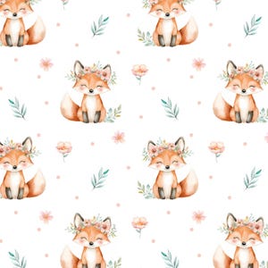 Floral Fox Seamless Pattern, Cute Baby Fabric Design, Watercolour Fox Nursery Fabric Print, Woodland Animal Digital Download, Commercial use