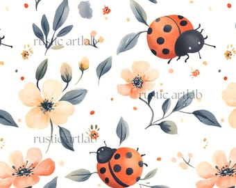Marienkäfer und Blumen Muster - Niedlicher Kinder Stoff Design - Aquarell Marienkäfer Digitales Papier