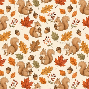May include: A repeating pattern on a cream background featuring brown squirrels holding acorns, orange and yellow maple leaves, oak leaves, and small sprigs of red berries. The design includes the faint text rustic repeated throughout.