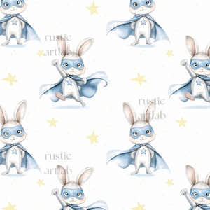 Superhero Bunny Seamless Pattern - Cute Nursery Fabric Design - Bunny in a Cape Digital Paper - Rabbit Repeat Pattern Digital Download