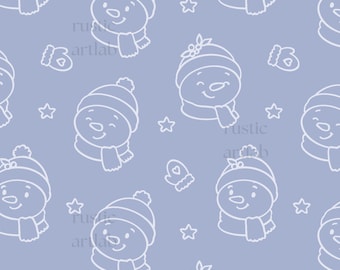 Snowman Seamless Pattern, Simple Hand drawn Snowmen Mittens Fabric Design Mono line Minimalist Christmas Repeat Tile Digital Download