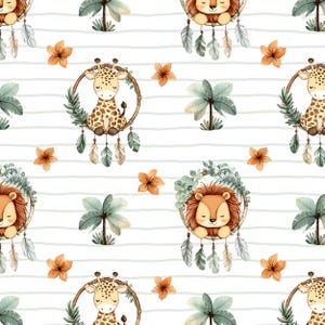 May include: A repeating pattern featuring watercolor illustrations of a giraffe and a lion inside a dreamcatcher, with palm trees and orange flowers on a white background with gray stripes. The design has a soft, whimsical feel.