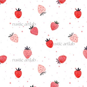 May include: A seamless pattern featuring red and pink strawberries on a white background with small pink dots. The strawberries are drawn in a simple, cartoon style.