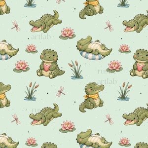 May include: A repeating pattern on a light green background featuring cartoon crocodiles in various poses, including holding a pink heart, wearing a yellow bandana, or floating on a blue and white striped ring, interspersed with pink lotus flowers, dragonflies, and cattails.
