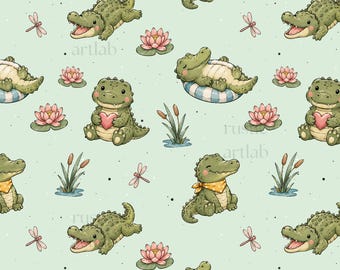 Crocodile Seamless Pattern, Cute Alligator Fabric Design, Spring Summer Crocodile Repeat Tile Digital Download