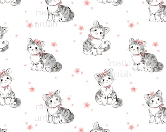 Cat Seamless Pattern, Watercolor Kittens with Pink Bows Fabric Design Digital Download
