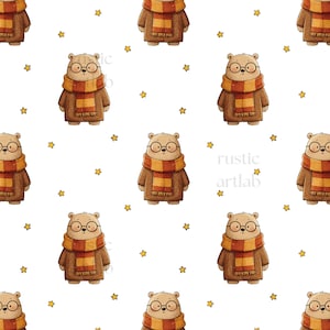 Könnte beinhalten: Ein sich wiederholendes Muster von Cartoon-Bären mit Brille, Schal und Mantel, mit kleinen Sternen auf weißem Hintergrund. Die Bären sind braun mit orangefarbenen und gelben Schals. Der Text "rustic artlab" ist sichtbar.