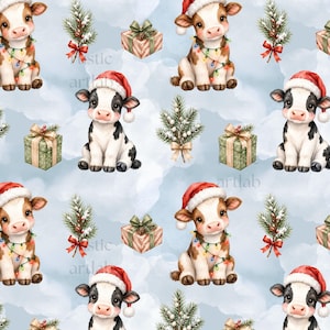 May include: A repeating pattern on a light blue background featuring illustrations of brown and white calves and black and white calves wearing red Santa hats, wrapped in colorful Christmas lights, alongside green gift boxes and pine sprigs.