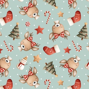 May include: A repeating pattern featuring festive Christmas illustrations on a pale blue backdrop. The design includes reindeer with red plaid bows, Christmas trees, candy canes, red star ornaments, gingerbread stars, snowmen, red stockings, and white polka dots.