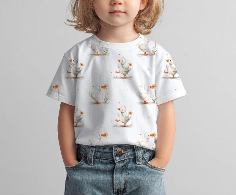 Duck Seamless Pattern, Watercolour Goose with Flower Fabric Design t-shirt mockup preview