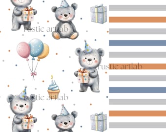 Kids Birthday Seamless Pattern - Cute Bear Fabric Design - Birthday Party Digital Paper
