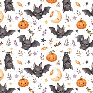 Cute Bats Seamless Pattern, Halloween Fabric Design, Adorable Bats Pumpkins Stars Fabric Print Digital Download